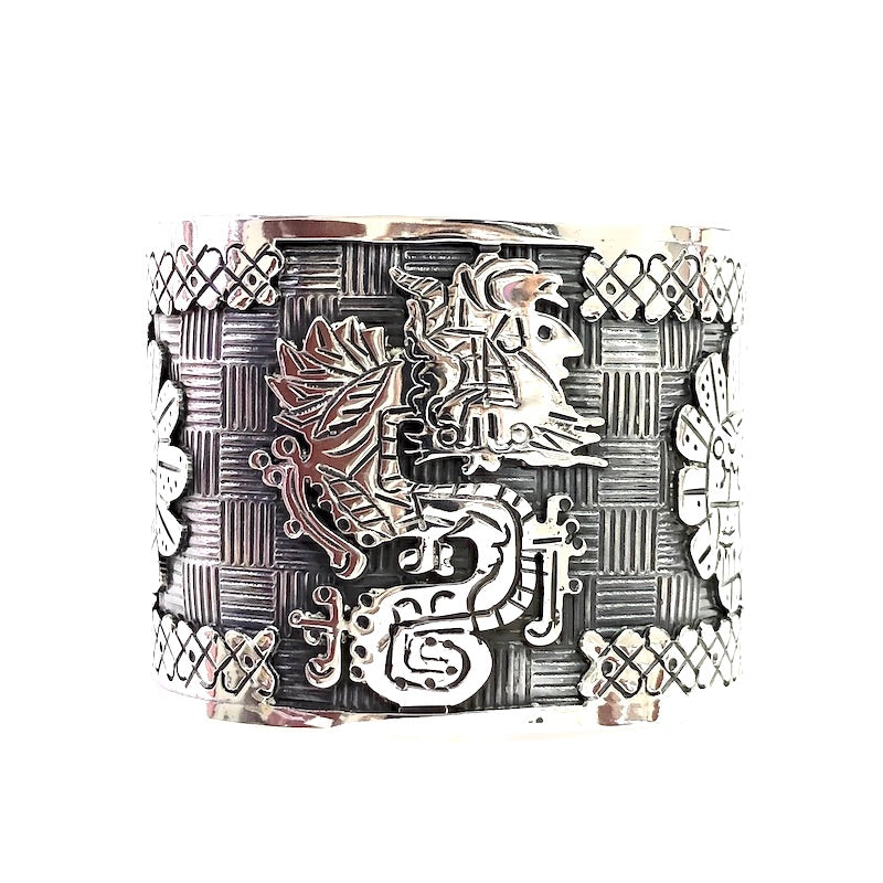 Wide Carved Aztec Figures Cuff Bracelet