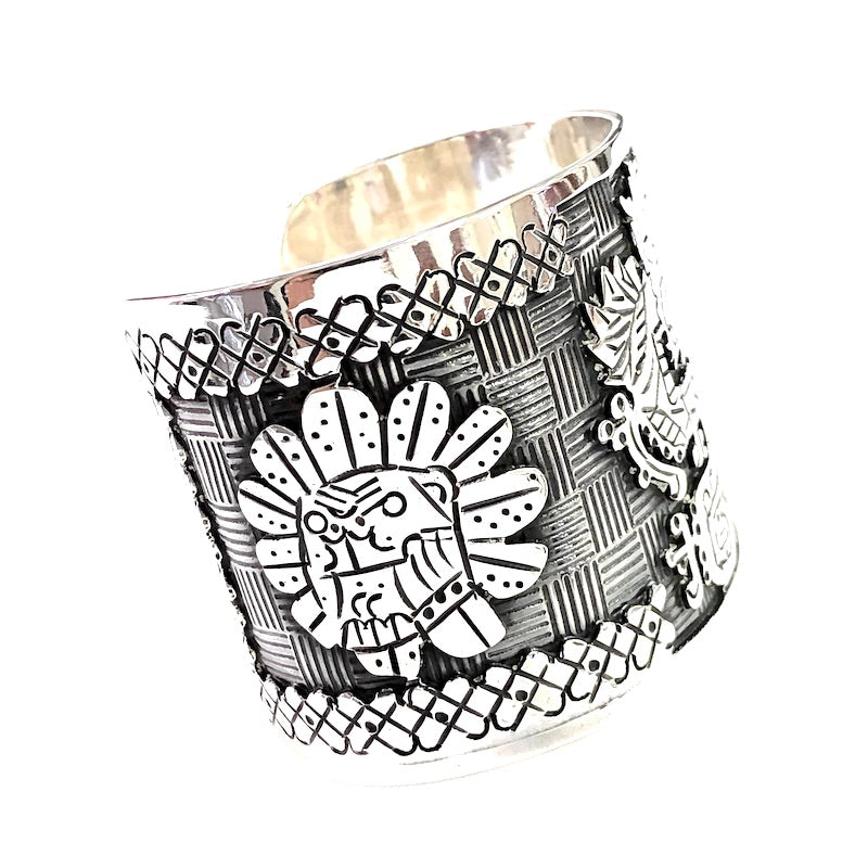 Wide Carved Aztec Figures Cuff Bracelet