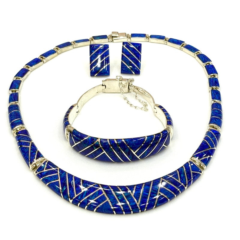 Striking Dark Blue Opal Inlay Silver Set