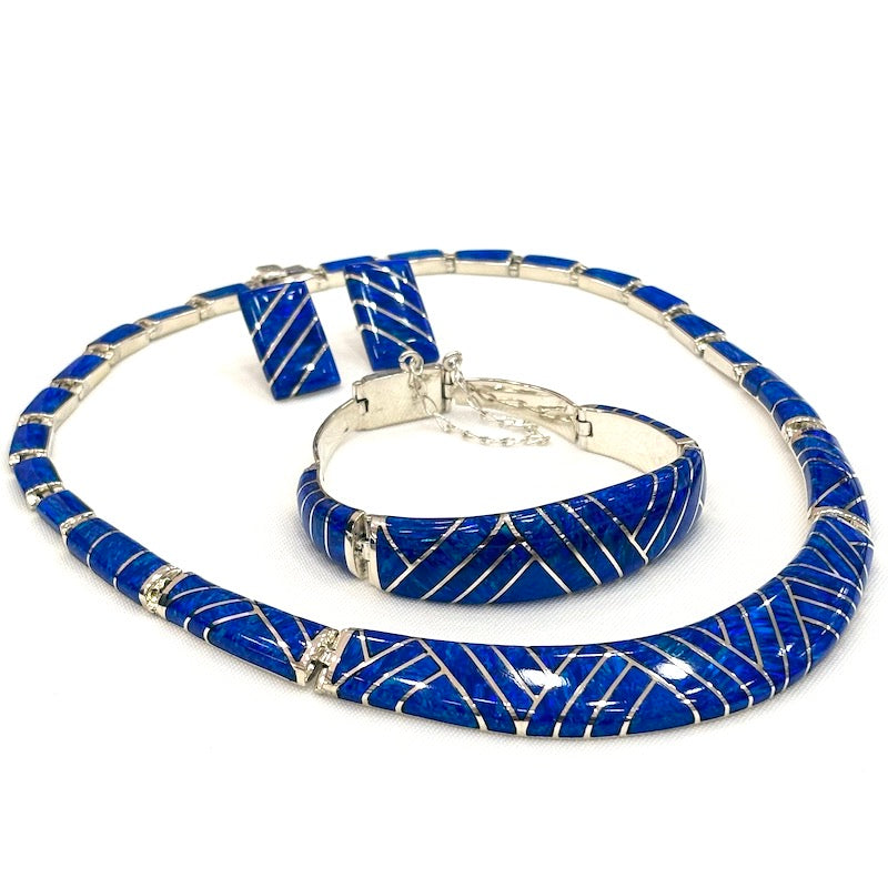 Striking Dark Blue Opal Inlay Silver Set