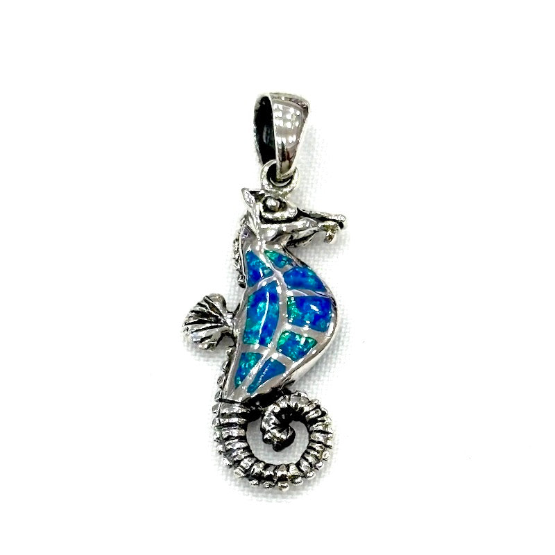 Blue Opal Double Side Seahorse Pendant
