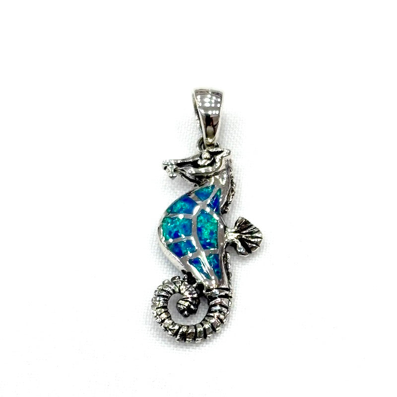 Blue Opal Double Side Seahorse Pendant