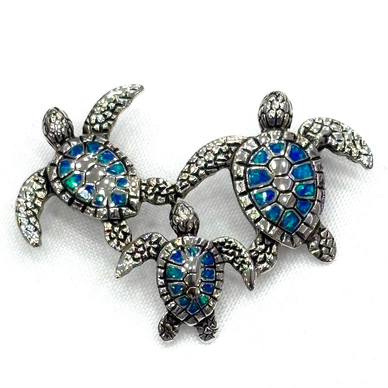 Blue Opal Family Turtles Design Pendant
