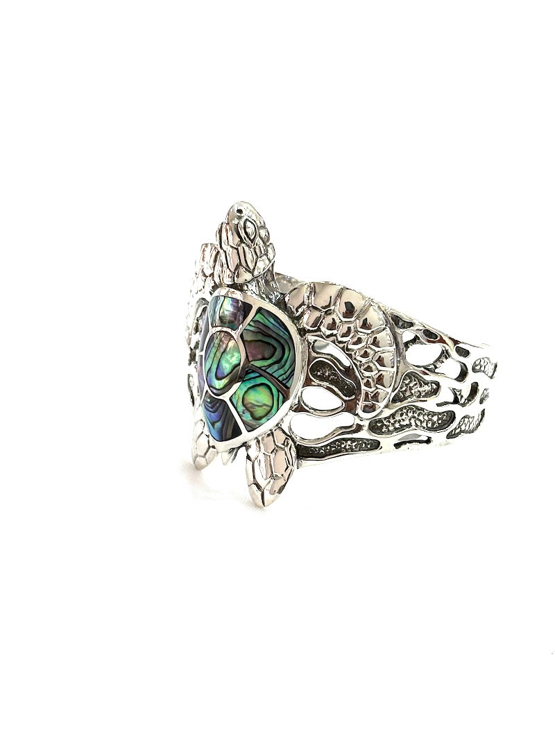 Carved Turtle Design Cuff Bracelet w/Abalone Shell