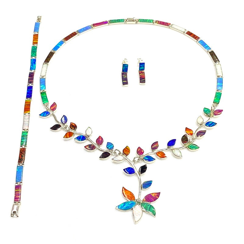 Leaves Design Multicolor Opal Silver Set