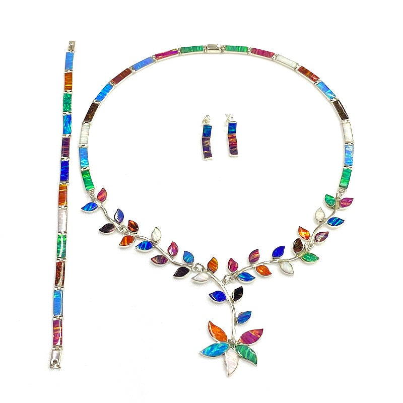 Leaves Design Multicolor Opal Silver Set