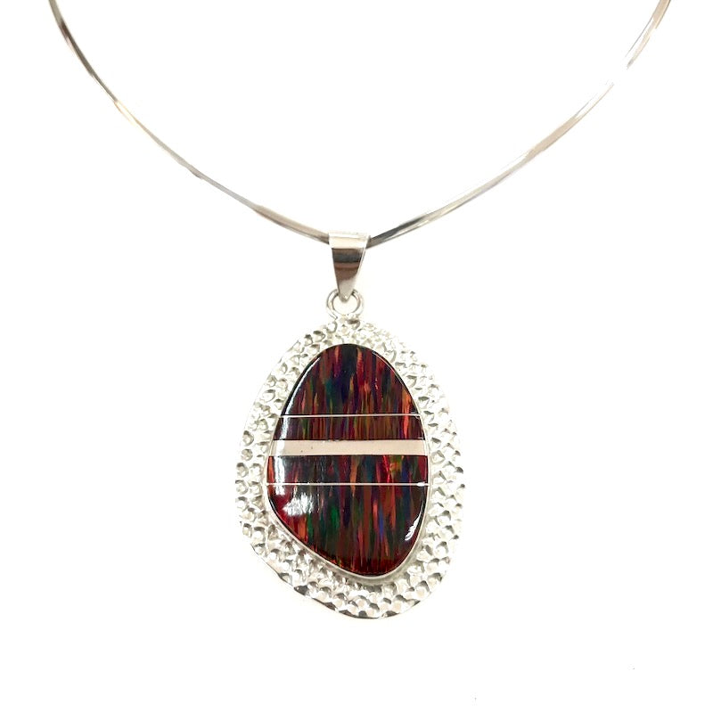 Stunning Red Opal Stripes & Hammered Pendant