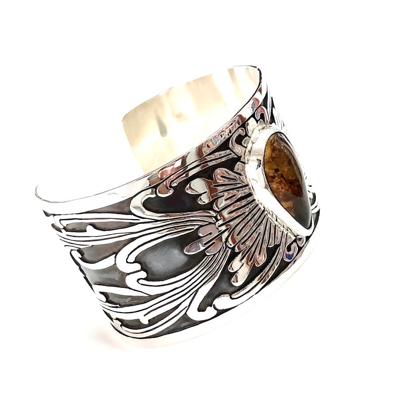 Striking Carved Pattern & Amber Cuff Bracelet