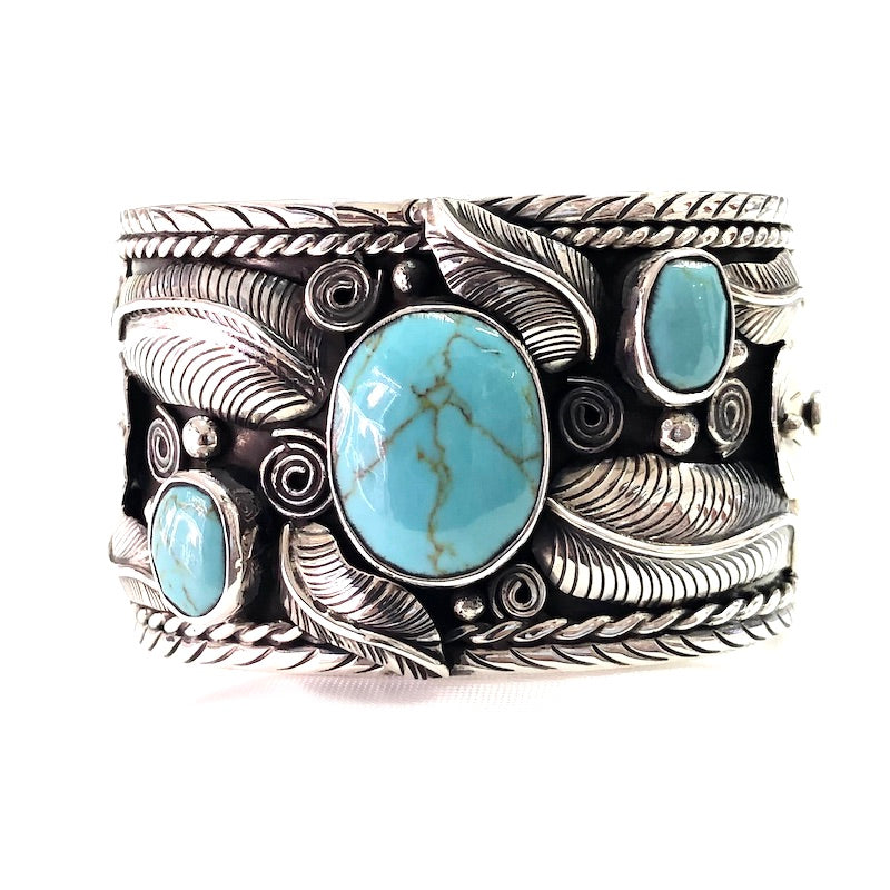 Carved Flowers & Turquoise Wide Cuff Bracelet