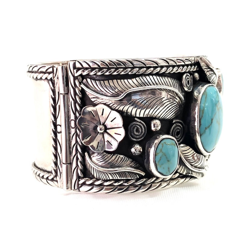 Carved Flowers & Turquoise Wide Cuff Bracelet