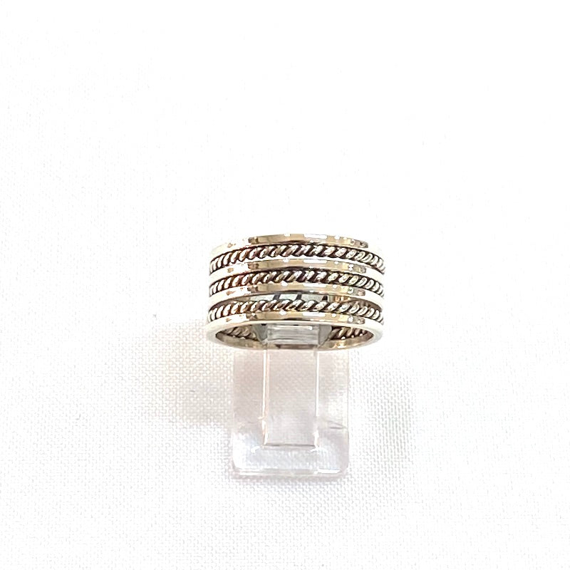 Wide Plain & Braided Stripes Silver Ring