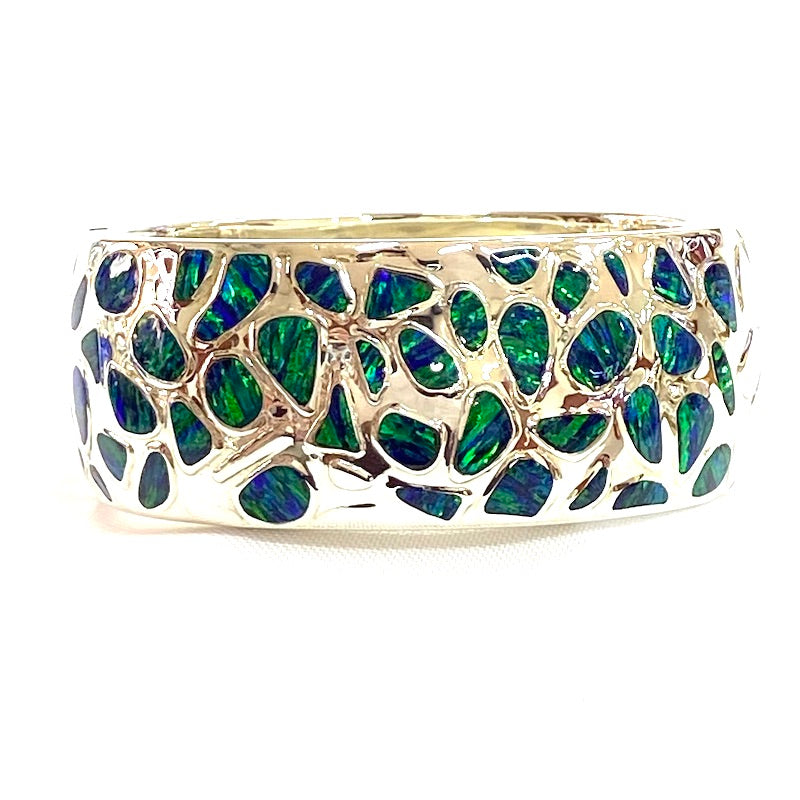 Eye-Catching Dark Green Opal Spots Design Bangle Cuff Bracelet