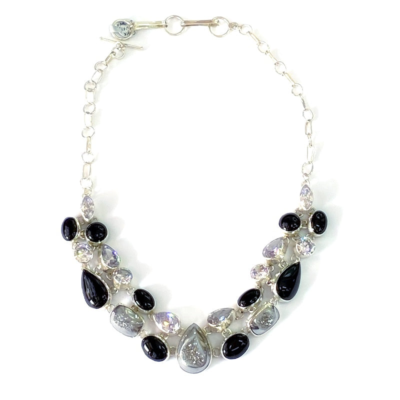 Unique Onyx-Drusi-Zirconia Silver Necklace