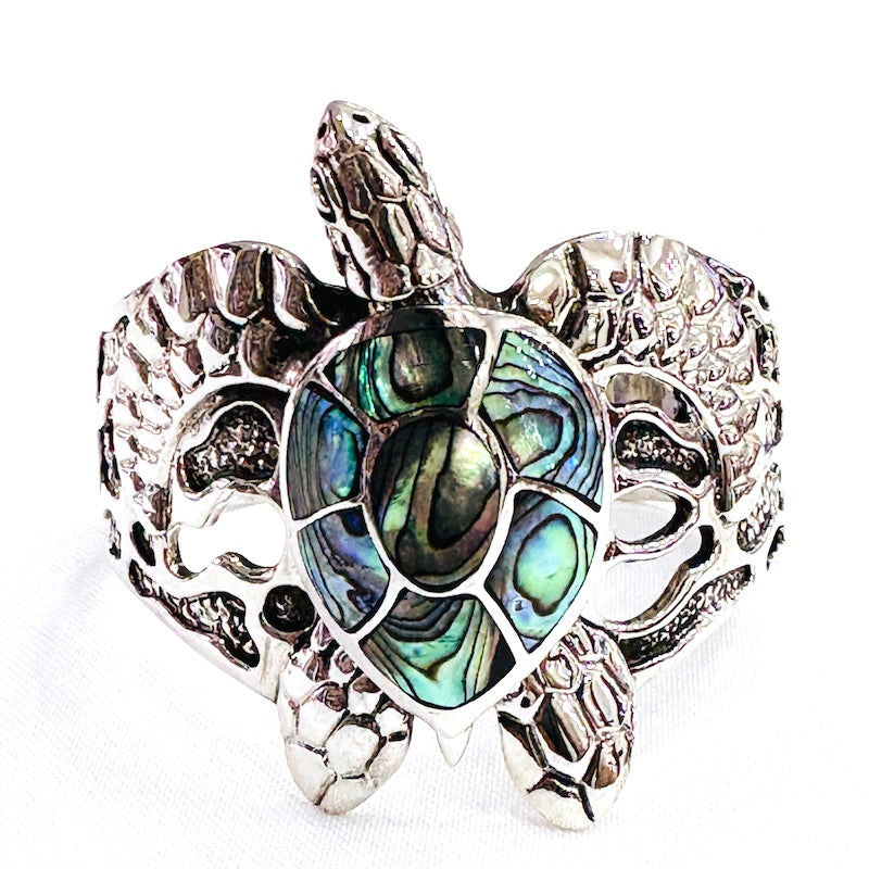 Carved Turtle Design Cuff Bracelet w/Abalone Shell