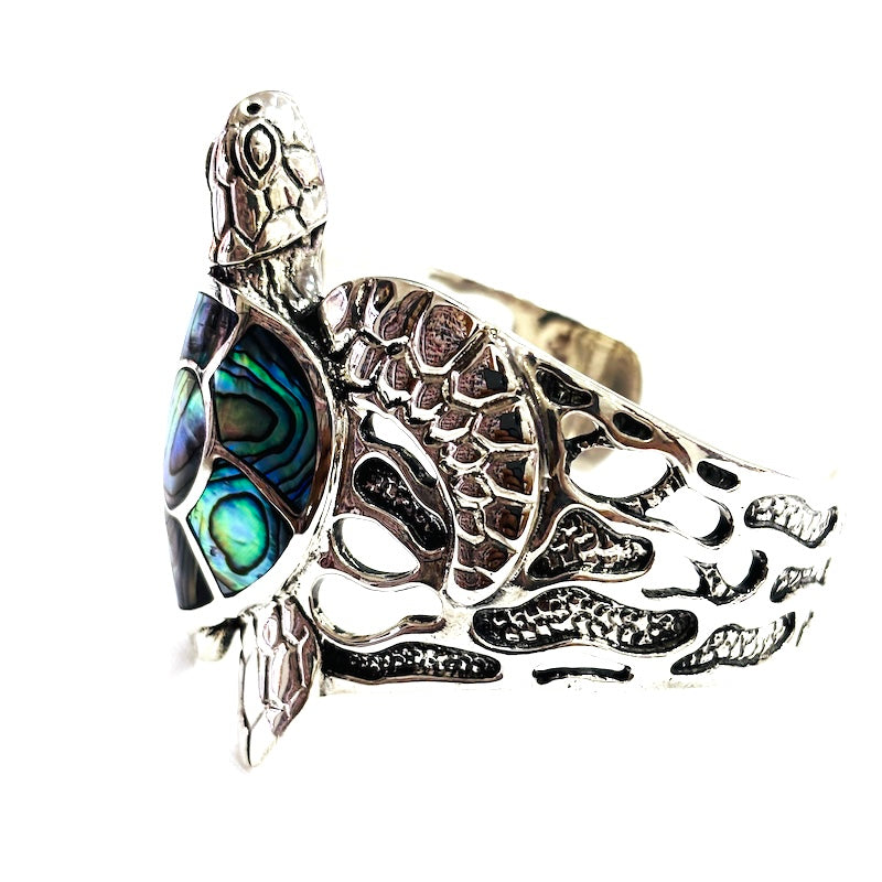 Carved Turtle Design Cuff Bracelet w/Abalone Shell