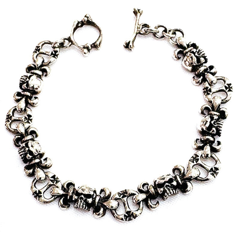 Skulls & Fleur De Lys Silver Bracelet