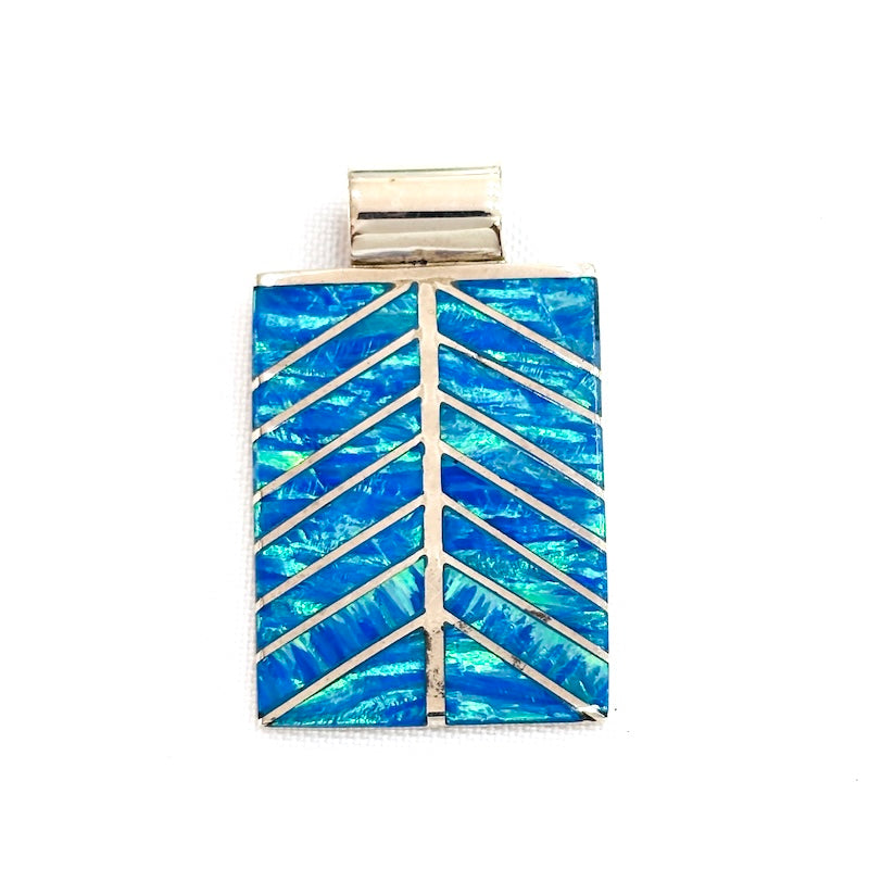 Blue Opal & Silver Stripes Design Pendant
