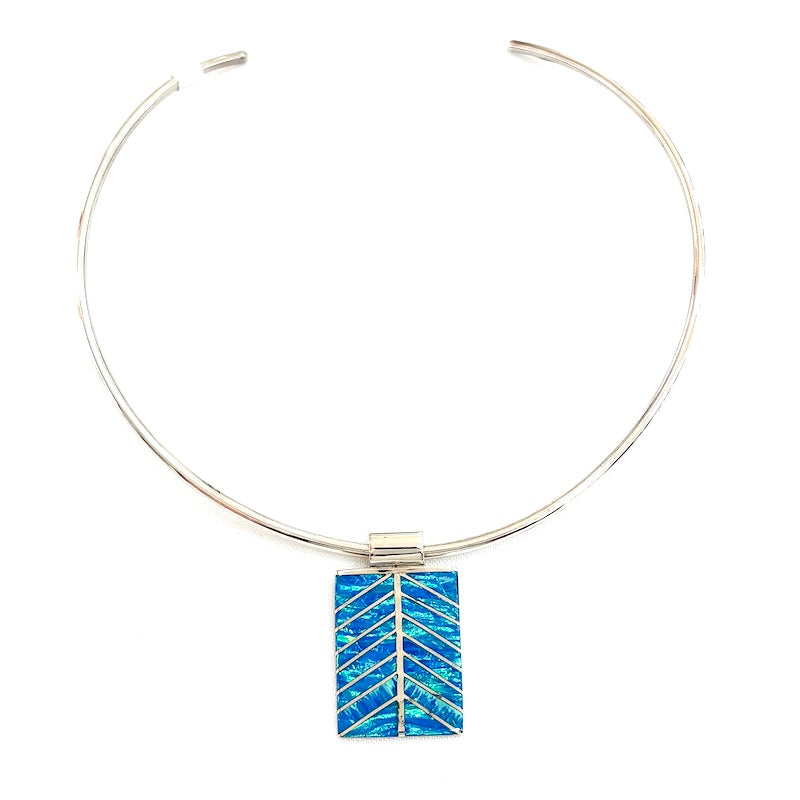 Blue Opal & Silver Stripes Design Pendant