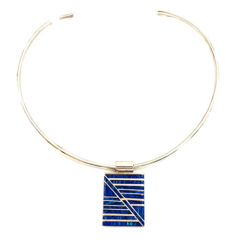 Dark Blue Opal Silver Stripes Pendant