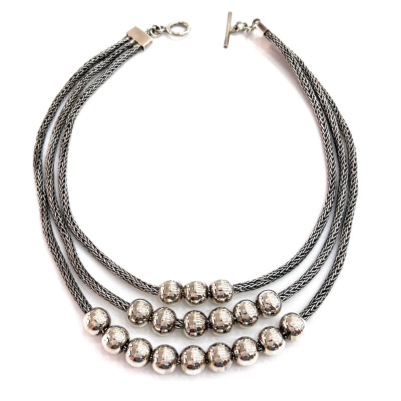 Elegant Triple-Chain Silver Beads Necklace