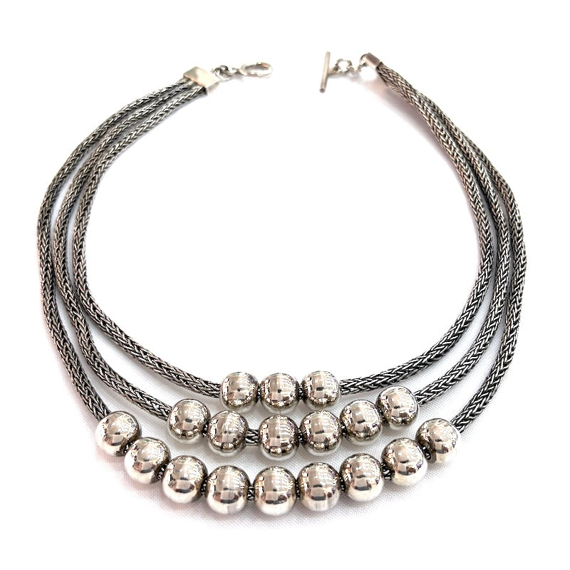 Elegant Triple-Chain Silver Beads Necklace